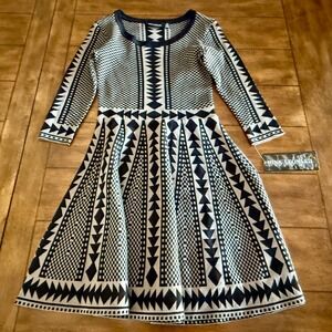 Nina Leonard Mink Black Geometric Jacquard Fit Flare Knit Dress XS L8580A NEW WT